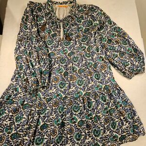 Oliphant XL Blue Teal Floral Block Print Metallic Lurex Tiered Mini Dress Tassel
